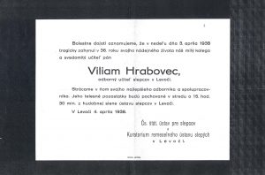 Oznámenie o smrti Viliama Hrabovca.