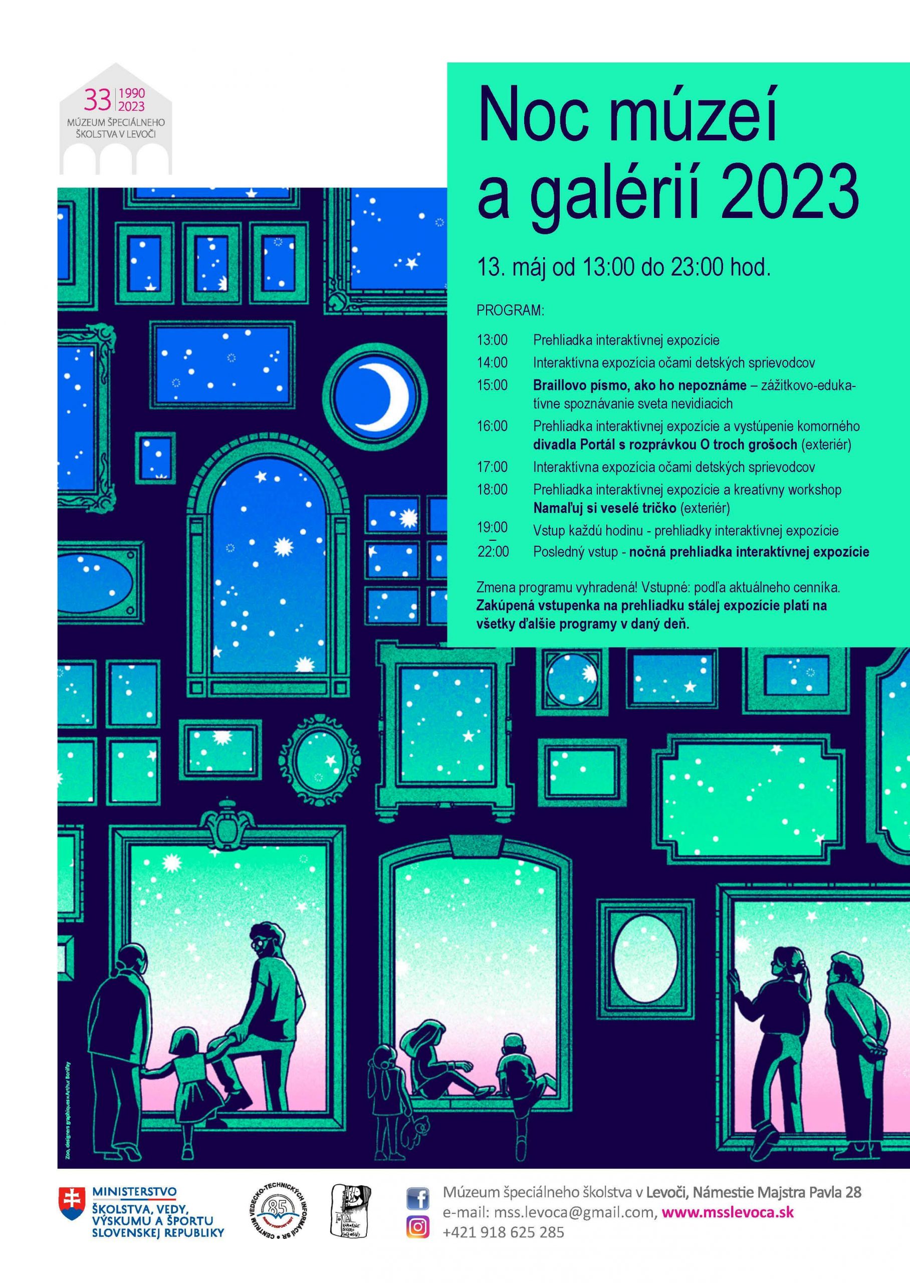 Plagát k podujatiu Noc múzeí a galérií 2023. Dátum podujatia 13.máj 2023, čas od 13:00 - 23:00.