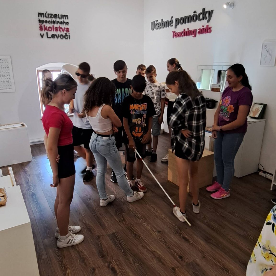 Návštevníci skúšajúci chôdzu s bielou palicou.