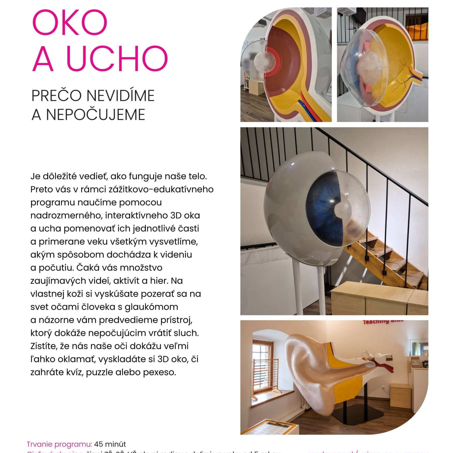 Oko a ucho. Prečo nevidíme a nepočujeme. Je dôležité vedieť ako funguje naše telo. Preto vás v rámci zážitkovo-edukatívneho programu naučíme pomocou nadrozmerného, interaktívneho 3D oka a ucha pomenovať ich jednotlivé časti, a primerane veku všetkým vysvetlíme, akým spôsobom dochádza k videniu a počutiu. Čaká vás množstvo zaujímavých videí, aktivít a hier. Na vlastnej koži si vyskúšate pozerať sa na svet očami človeka s glaukómom a názorne vám predvedieme prístroj, ktorý dokáže nepočujúcim vrátiť sluch. Zistíte, že nás naše oči dokážu veľmi ľahko oklamať, vyskladáte si 3D oko, či zahráte kvíz, puzzle alebo pexeso.