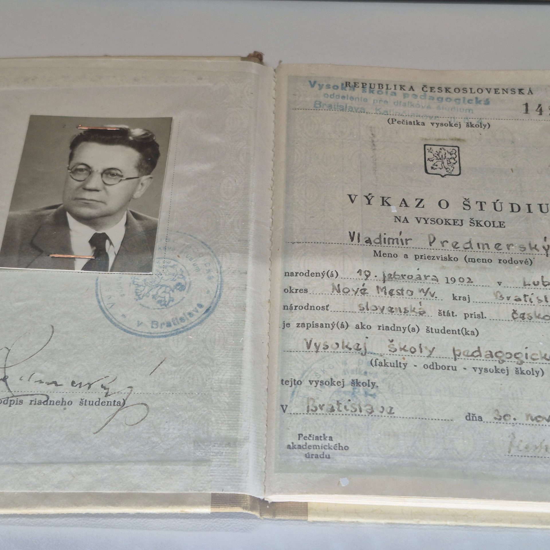 Výkaz o štúdiu Vladimíra Predmerského.