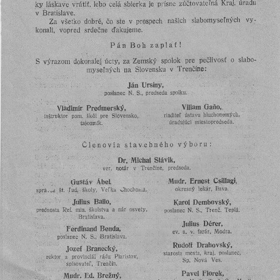 Znenie listu Tehličkovej podpornej výzvy na vybudovanie Štefánikovho sociálneho ústavu pre duševne vadných v Trenčíne, ktorým oslovili potenciálnych darcov nielen na území Slovenska, ale aj Podkarpatskej Rusi.