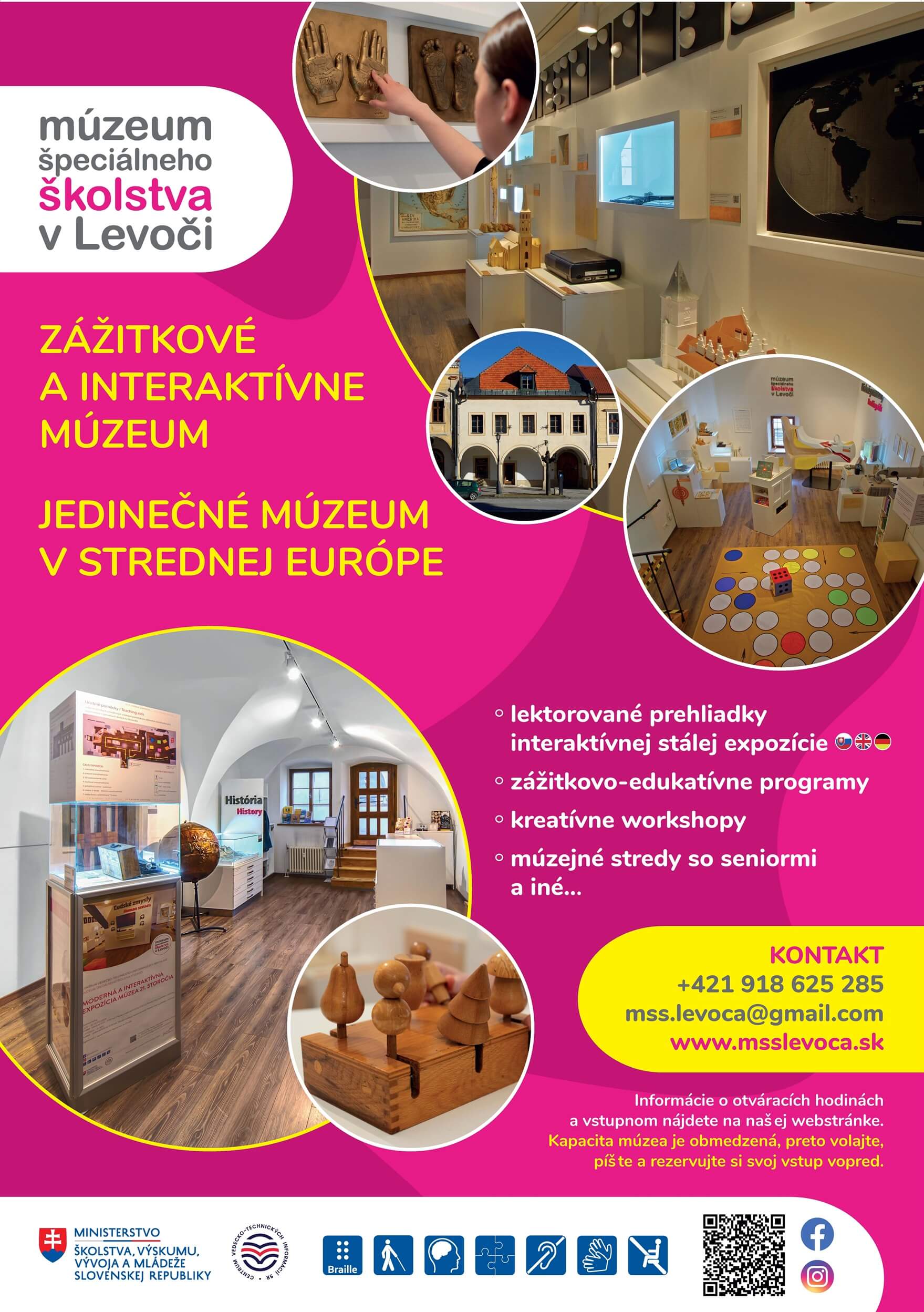 Zážitkové a interaktívne múzeum. Jedinečné múzeum v strednej Európe. Lektorované prehliadky stálej interaktívnej expozície, zážitkovo-edukatívne programy, kreatívne workshopy, múzejné stredy so seniormi a iné. www.msslevoca.sk.